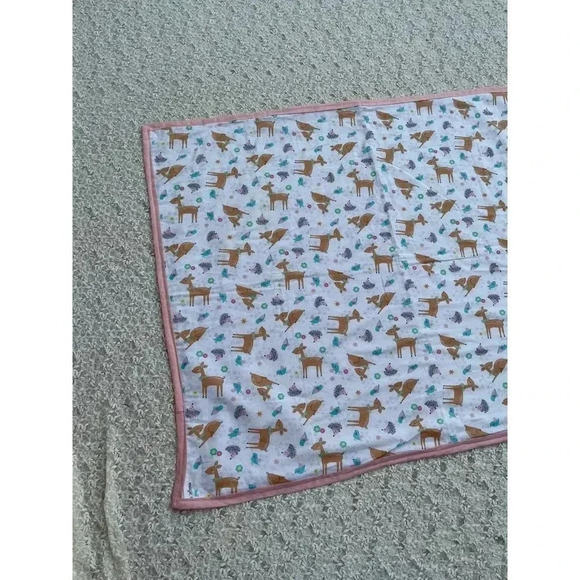 Hand Sewn By Marta Chacon Handmade Deer Print Baby Blanket Pink White 35"x44" - Picture 8 of 10